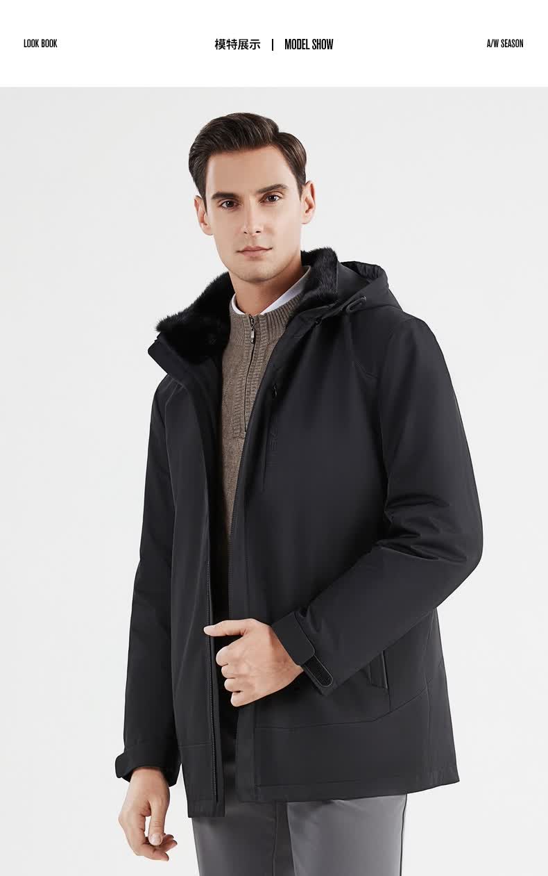 尼克服柒牌男款长袖外套2021冬季可拆卸帽领黑色厚款皮草大衣黑色180