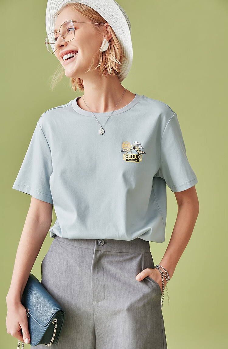 云上生活宽松简约气质短袖2020新款个性t恤女t4545烟灰蓝s