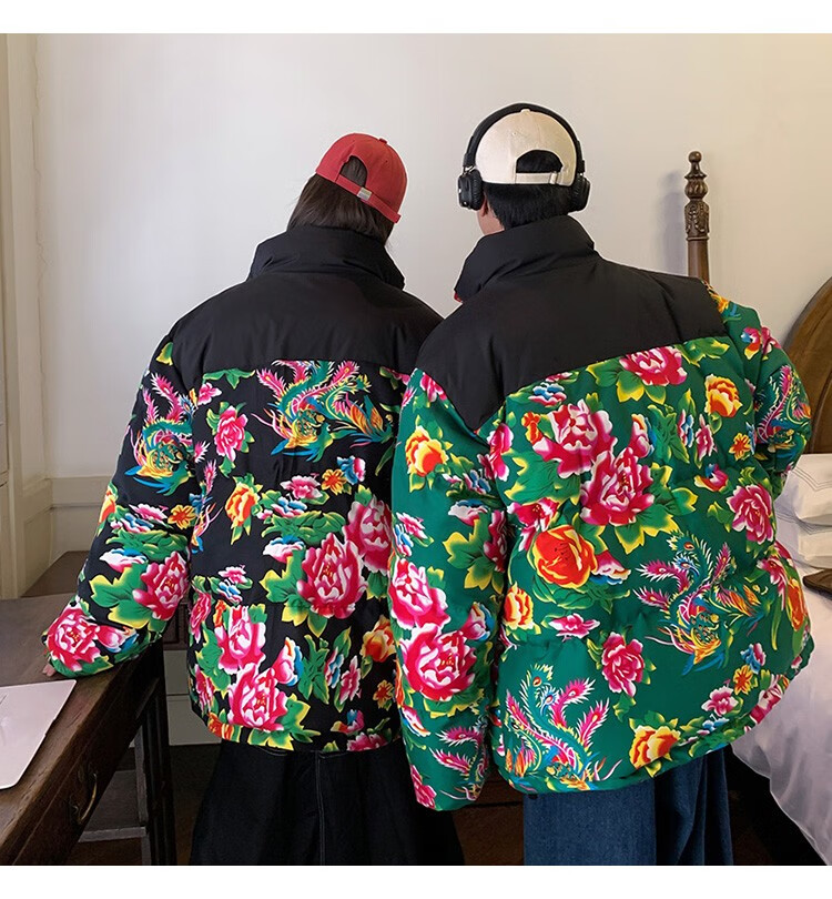 情侣装棉衣国潮东北大花棉袄冬季加厚网红棉服民族面包服外套潮 绿色