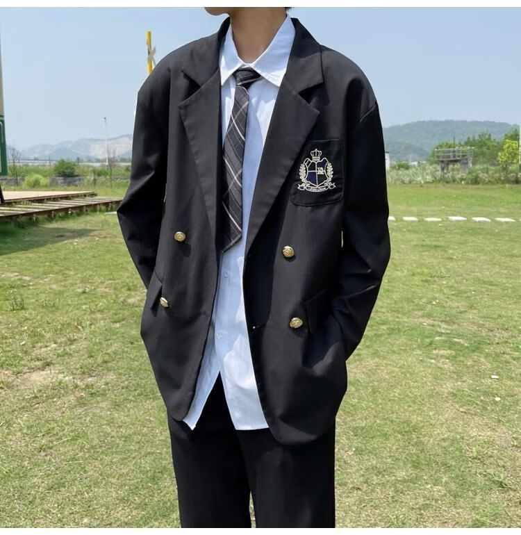 hkcz新品dk西装外套男dk西服男制服一套学院风情侣休闲西装全套黑色