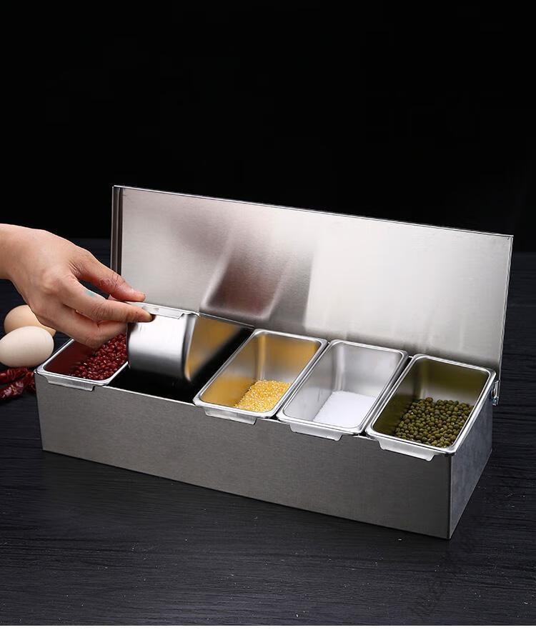 不锈钢调料盒调味盒带盖家用厨房收纳饭店冰粉配料盒配菜商用格子定制