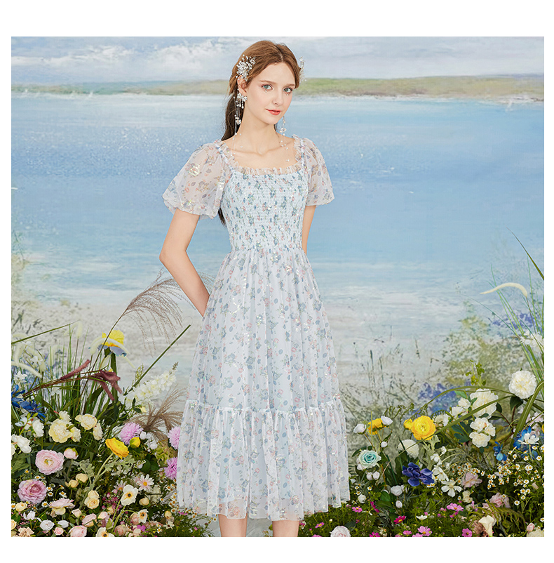 花儿开了2021夏季新款法式复古雪纺亮片连衣裙女收腰显瘦公主裙长裙子