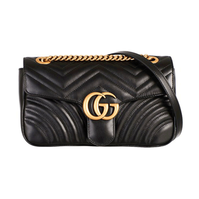 gucci古驰买手代购黑色ggmarmont马蒙金标logo做旧皮革链条单肩斜挎包