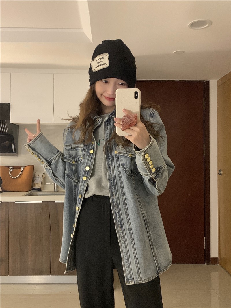 岚烨设计感小众牛仔衬衫女潮ins重工做旧衬衣外套春秋季2022新款浅