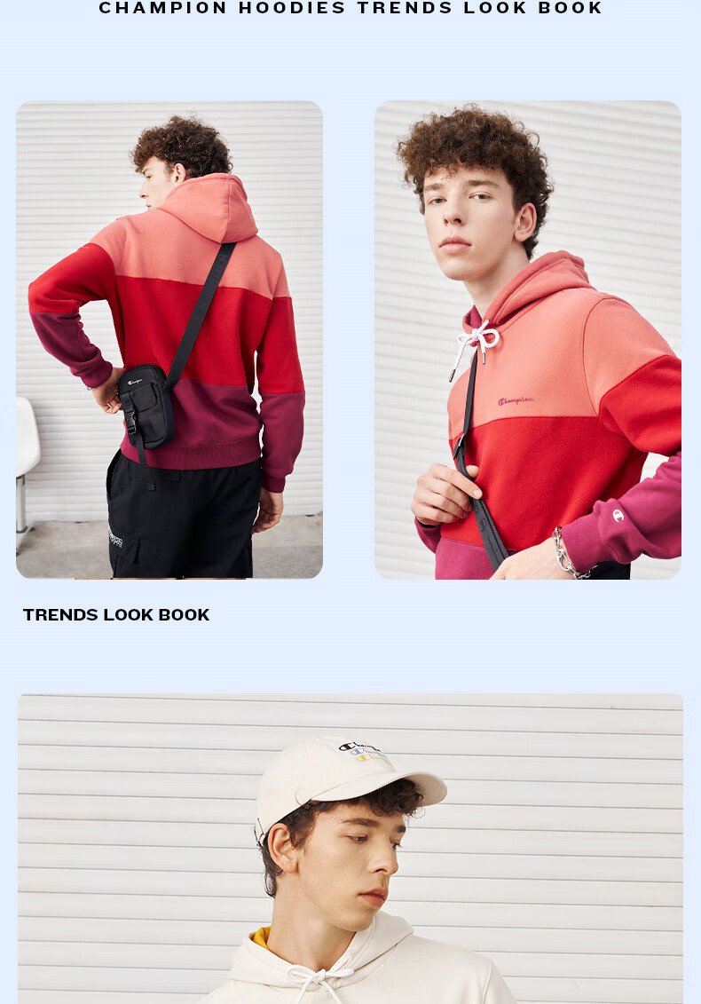 champion冠军草写小logo渐变条纹拼色套头连帽卫衣 灰色拼接 s【图片