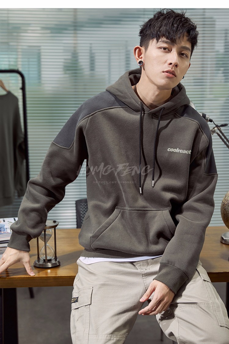 humg feng轻奢品牌男装连帽卫衣男2020秋季新款港风宽松运动拼接帽衫