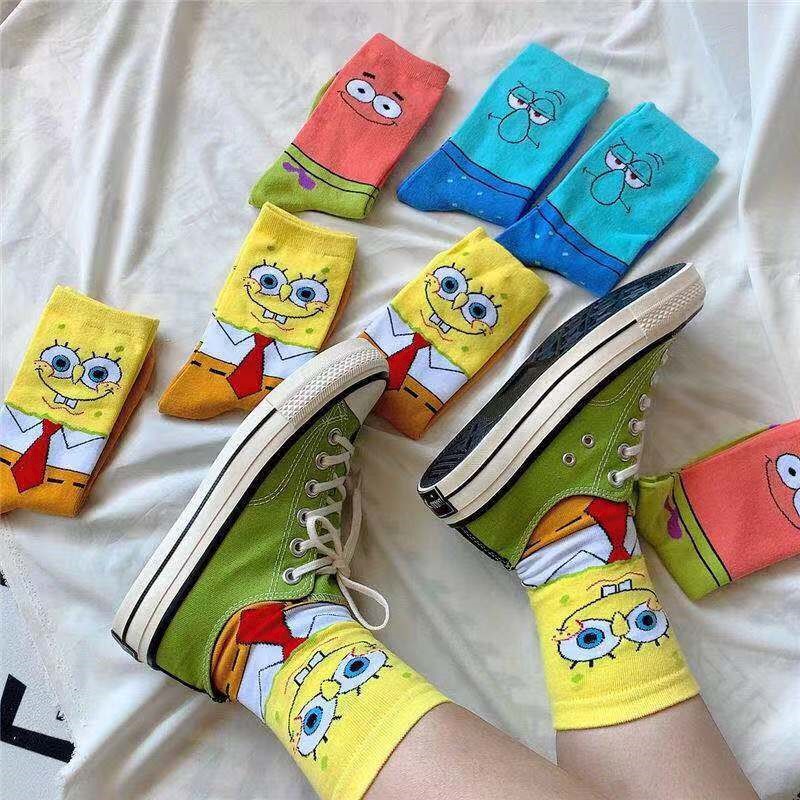 袜子女长筒潮袜菠萝屋海绵宝宝章鱼哥卡通袜子ins长筒潮流篮球袜 3双