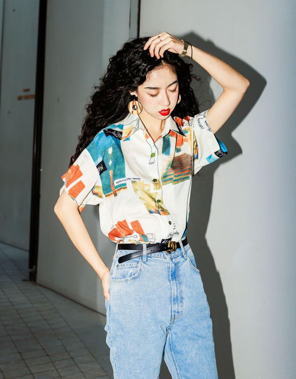 雪纺衫短袖古着感港风衬衫女复古冷淡宽松印花短袖花衬衣雪纺米白色s