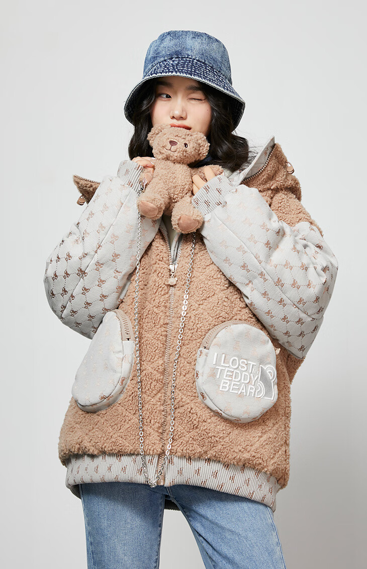only2021冬季新款小熊图案印花90绒拼接保暖羽绒服女121423045s12亮