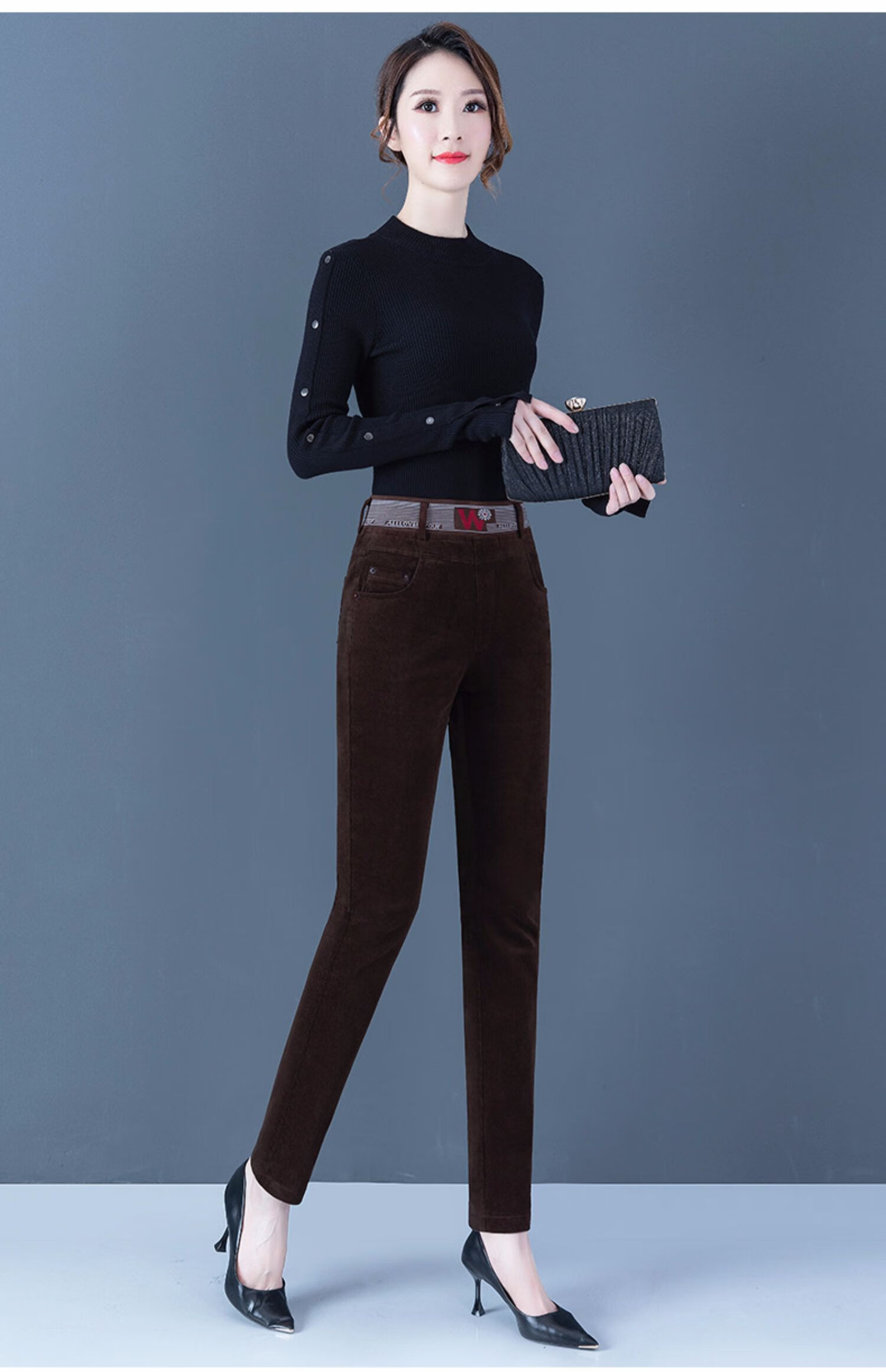 红蜻蜓 秋冬休闲女裤灯芯绒 灯芯绒裤子女2020年新款松紧高腰显瘦条绒