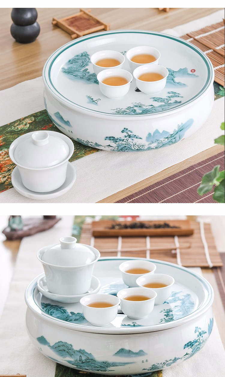 茶船 全陶瓷茶盘圆形储水式功夫茶船干泡茶台茶托茶具套装简约双层
