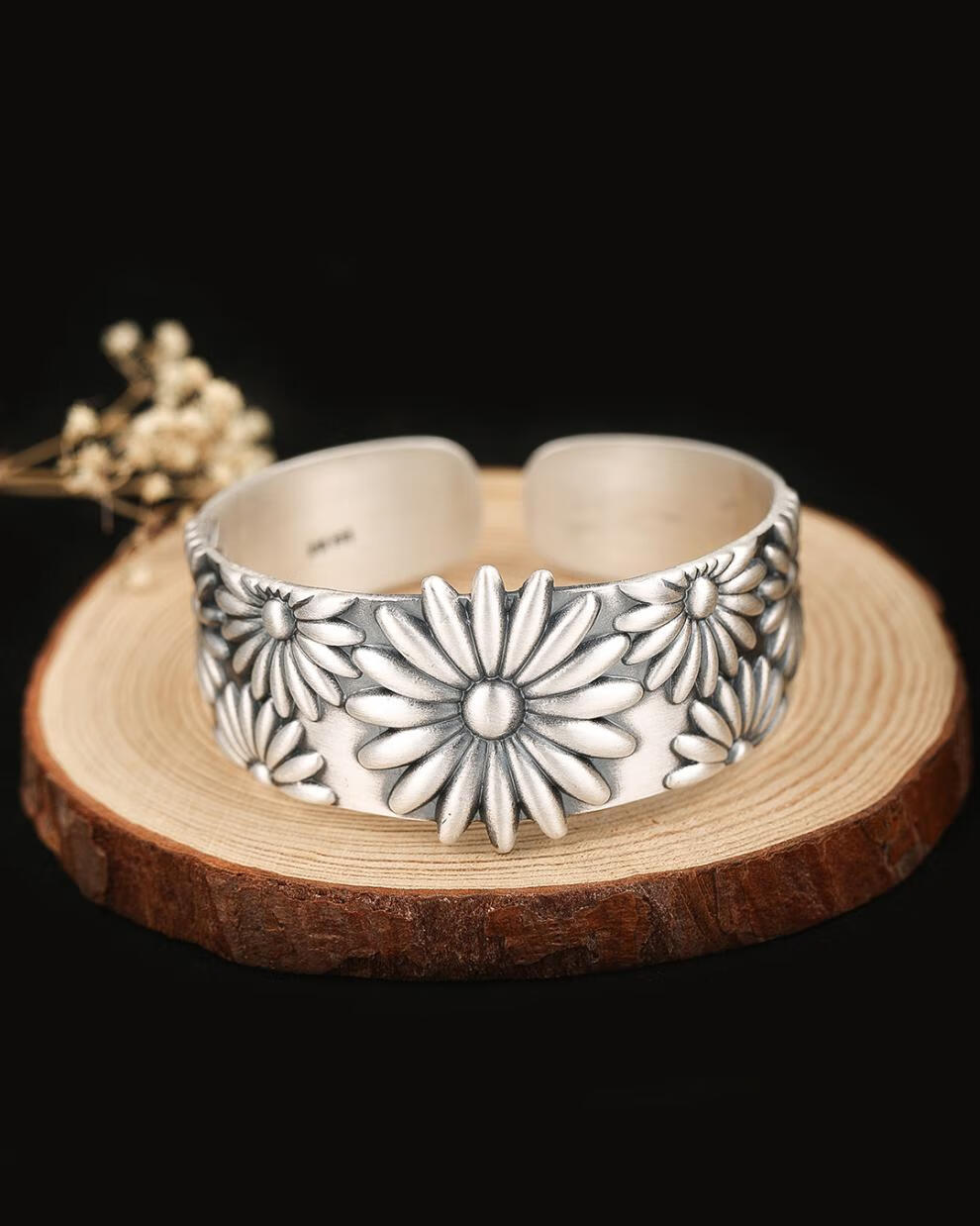 简奢唯爱银手镯女时尚s999足银镯子宽版立体太阳花手镯民族复古雕花镯