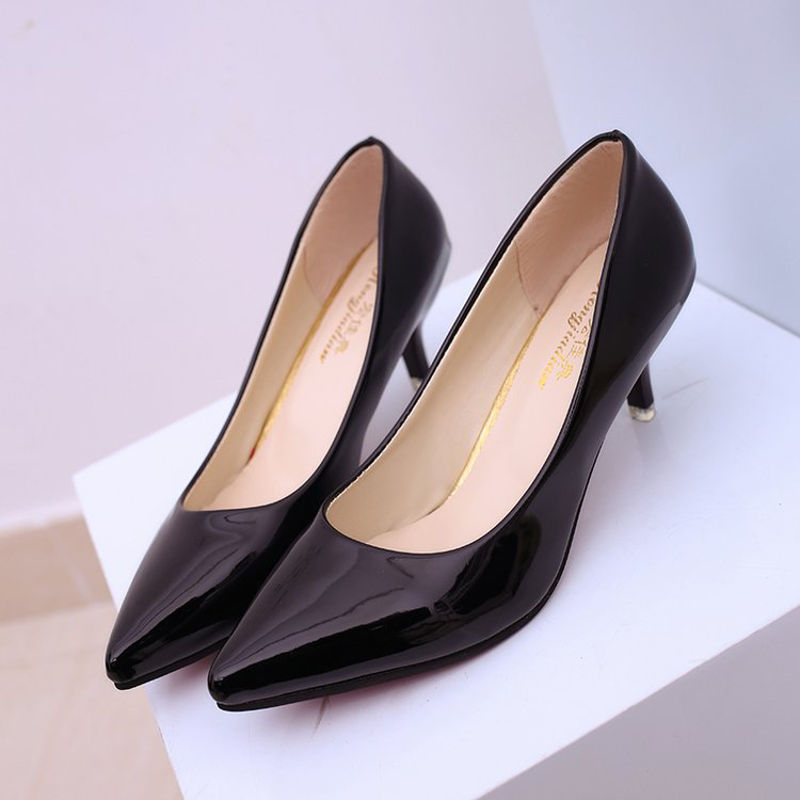 鞋子女细跟高跟鞋中跟四五公分亮面皮鞋女士职业工作鞋小单鞋便宜高档