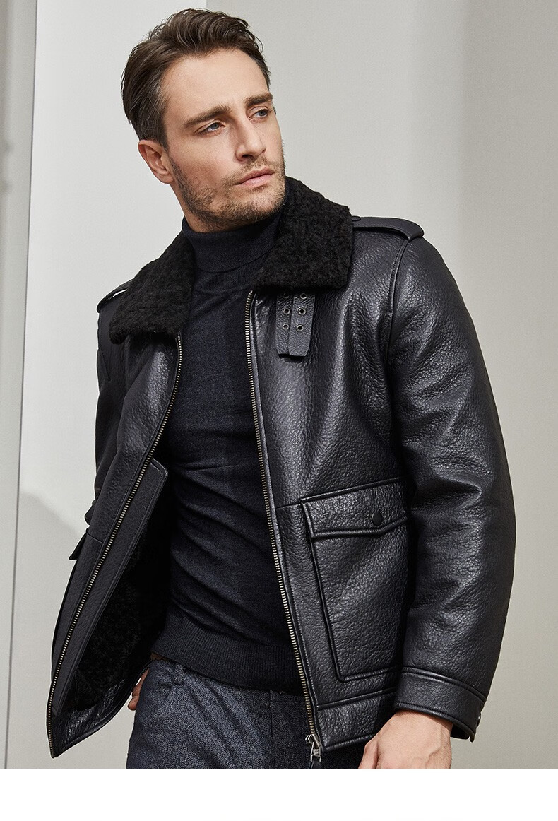 雪豹真皮皮衣男皮夹克头层绵羊皮复合皮毛一体秋冬羊毛翻领机车外套深
