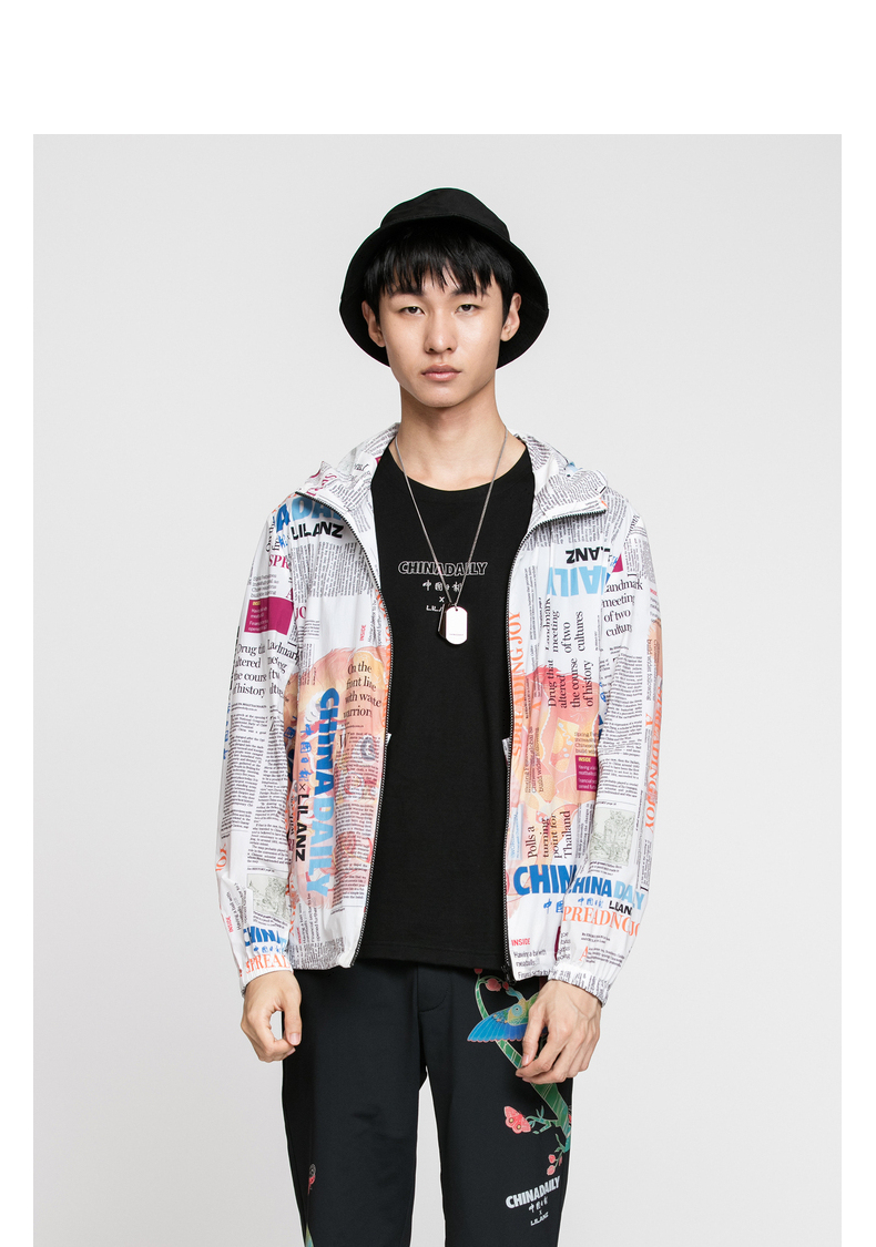 下-利郎男装轻薄皮肤衣夹克男2021春夏新款男士连帽字母印花潮流茄克