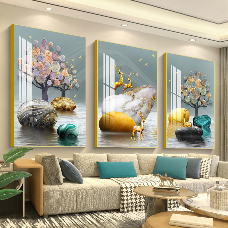 品美晶瓷客厅挂画装饰画现代简约沙发背景墙壁画三联餐厅墙上墙画金色