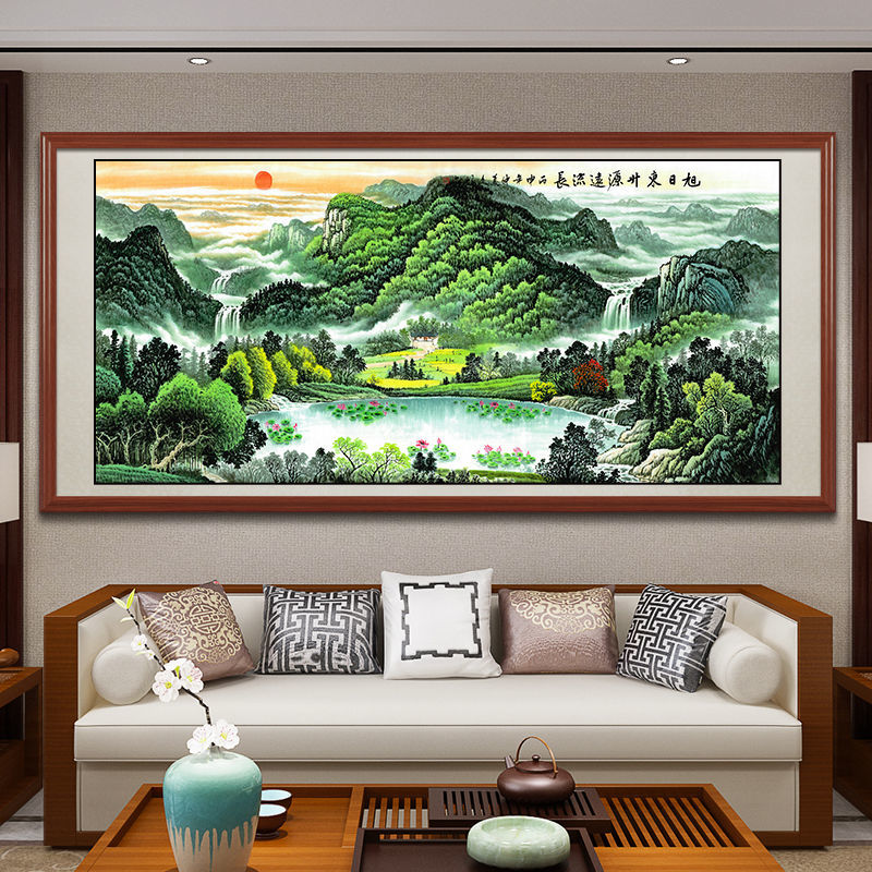 山水画客厅挂画办公室国画聚宝盆山水画旭日东升中式办公室客厅背景墙
