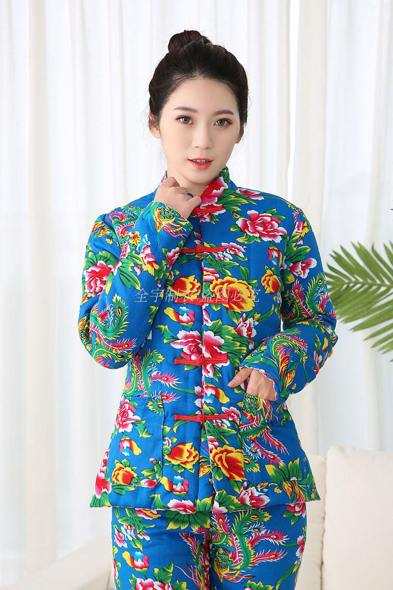 女冬成人手工棉衣東北花布純棉花媽媽棉襖居家服加厚碼純棉黑底小牡丹