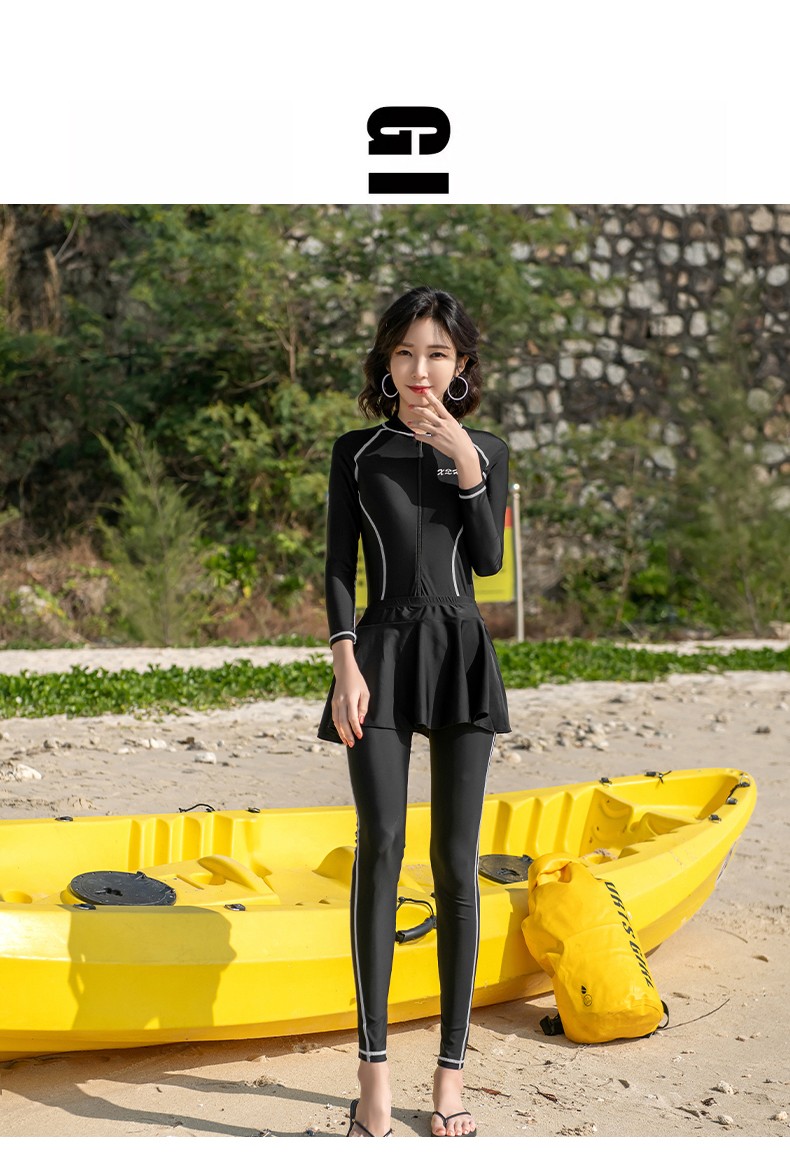 连体泳衣女保暖泡温泉保守长袖长裤防晒显瘦潜水服专业游泳衣藏青连体