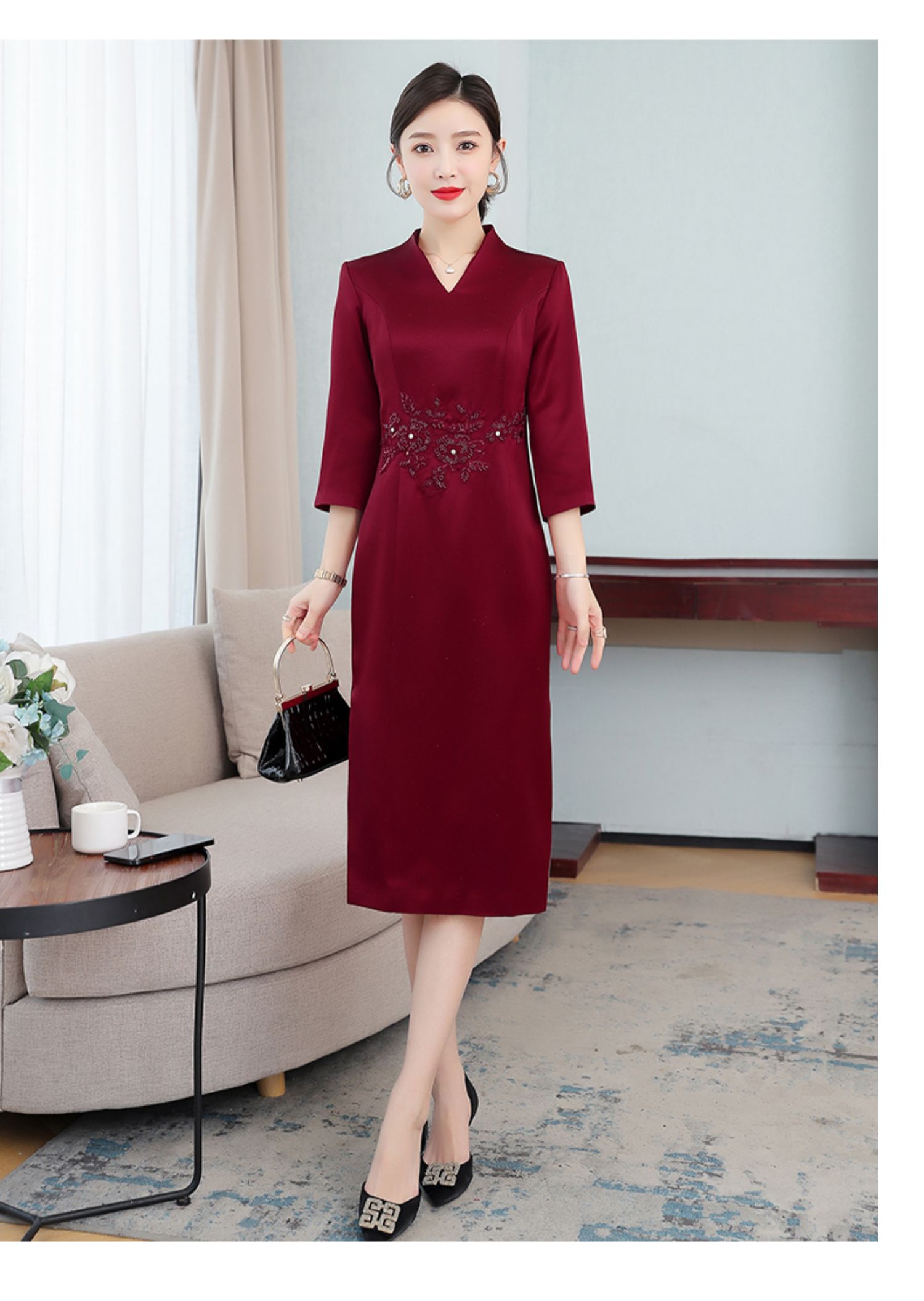 訾谨衣妈妈婚宴礼服中老年女春装高贵高端年轻款宴会醋酸缎面连衣裙