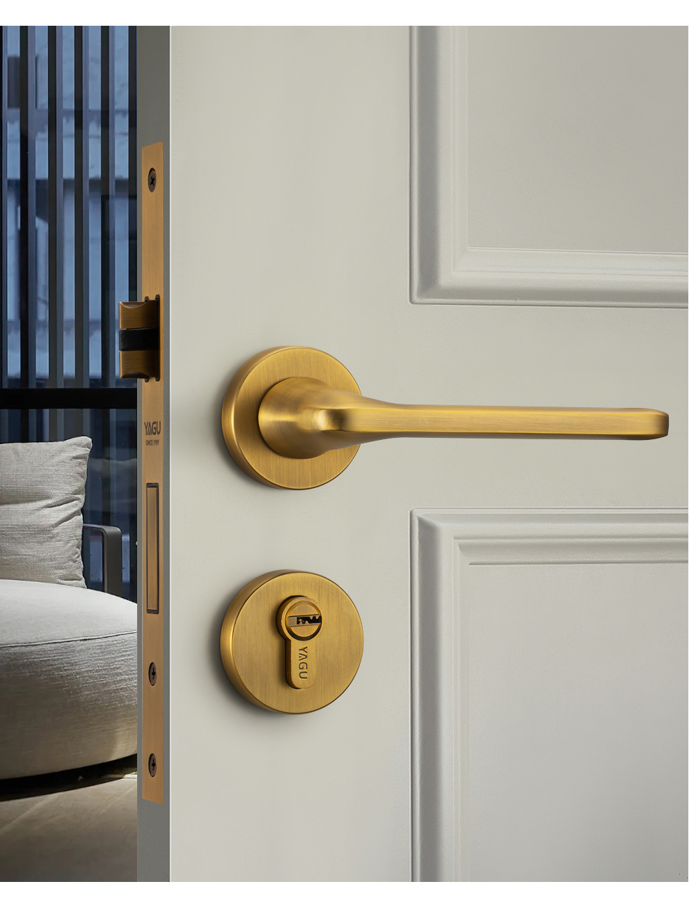 亚固yagu北欧风黄古铜201yb门锁室内卧室实木门家用美式现代简约分体