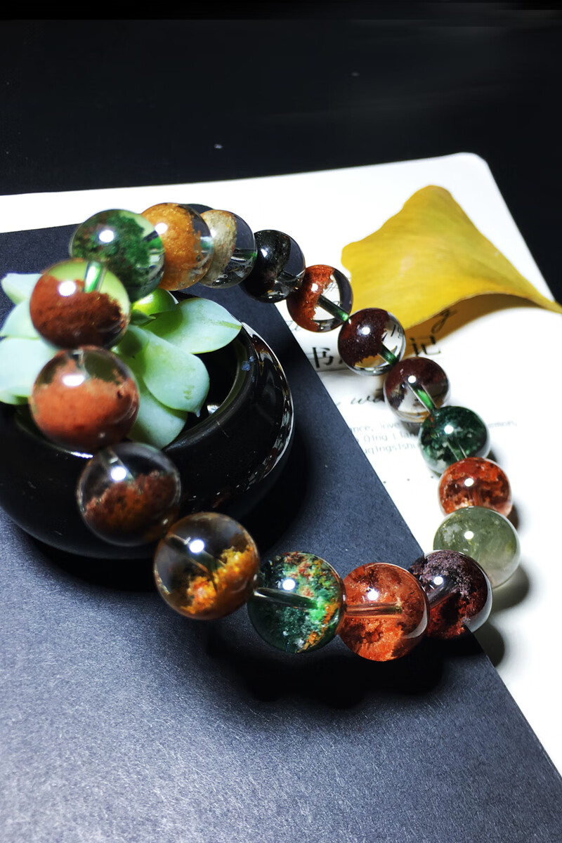 沃韵 水晶四季幽灵聚宝盆彩幽灵手链红散单珠绿盆闺蜜7a手串彩珠珠 天