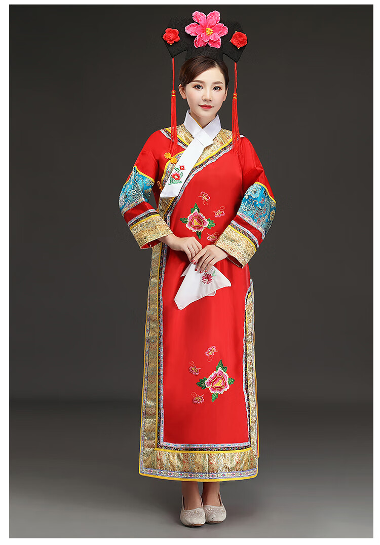 成人宫女甄嬛传旗袍大码宫廷演出服饰 玫红色格格服 手帕 领巾 旗头 s