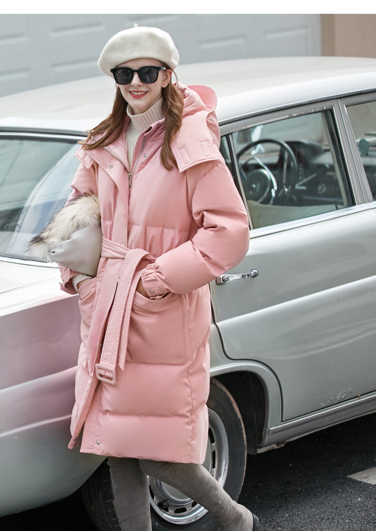 amii极简休闲英伦连帽长羽绒服冬新款90绒立领腰带加厚大衣 棕色 160