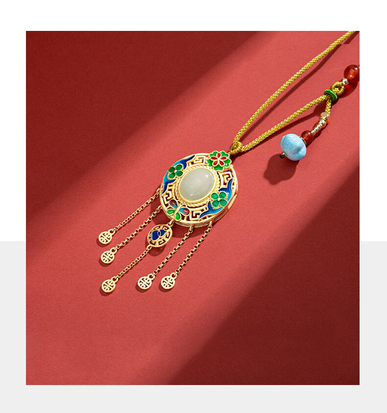 宝仕哲轻奢珠宝品牌国潮项链女复古宫廷流苏颈链镀彩金尼龙绳玉石吊坠