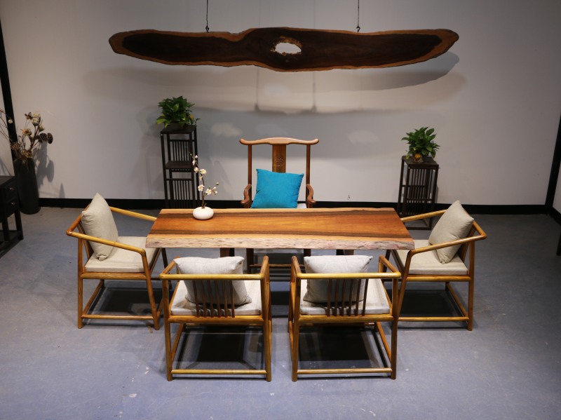 8米/2米3胡桃木奥坎实木大板桌茶桌平板泡喝茶板客厅沙发茶台几 条凳