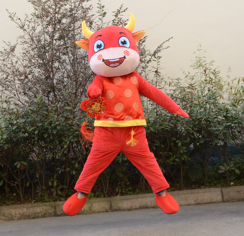 财神牛卡通人偶服装定制行走牛年吉祥物头套成人玩偶演出服背心牛蓝色