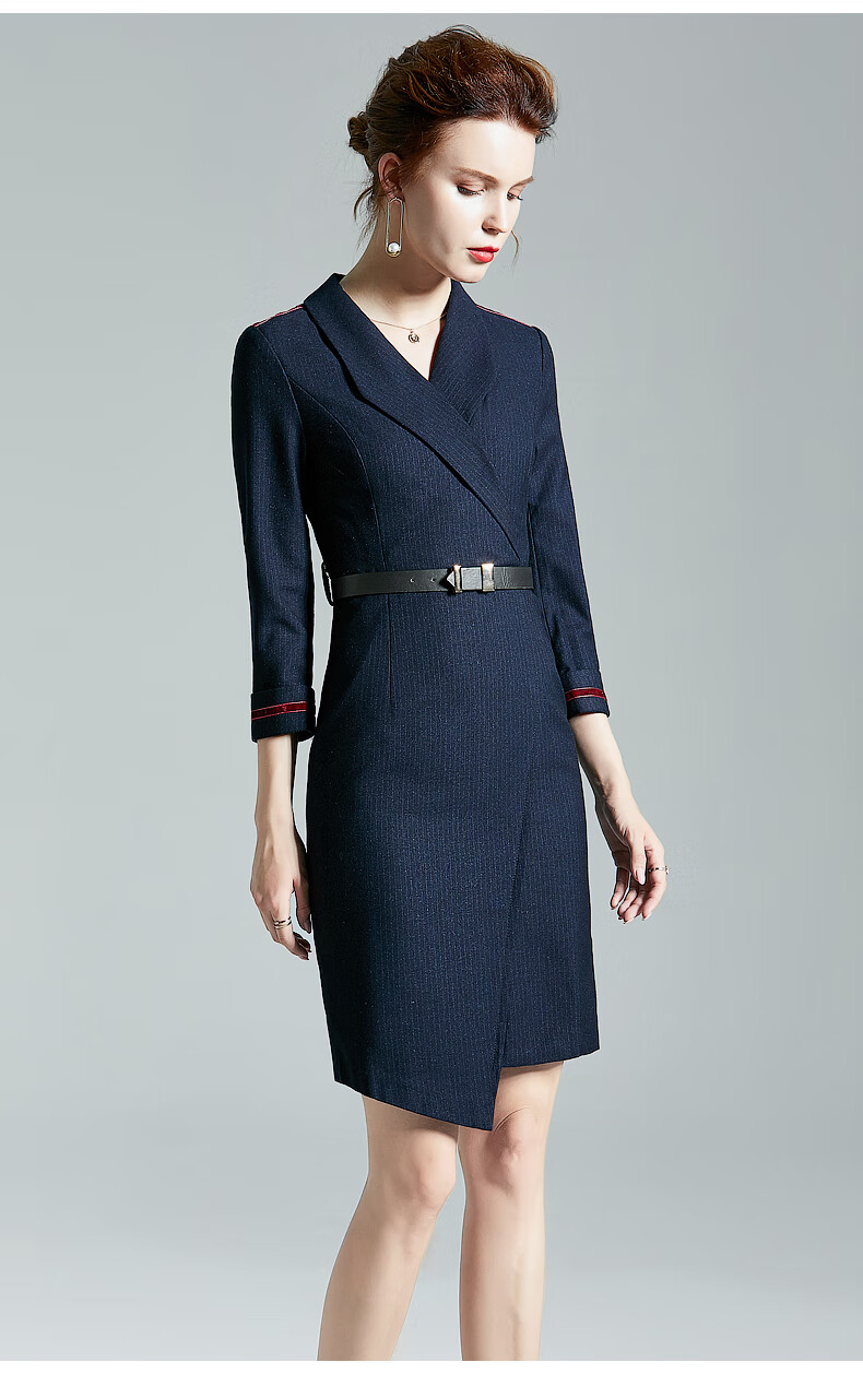 空姐范连衣裙职业装时尚干练气质售楼部工作服女工装套裙 藏青连衣裙