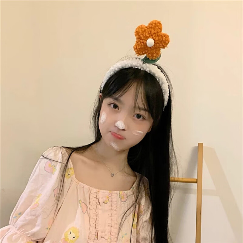 ins创意羊羔毛绒花朵发箍女网红洗脸发带可爱百搭外出发捆头箍 橘咖