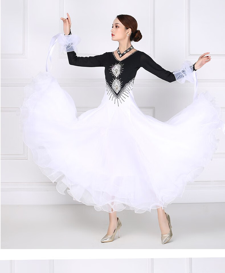 新款摩登舞表演服国标舞交谊舞大摆裙比赛服装女舞裙连衣裙演出服黄色