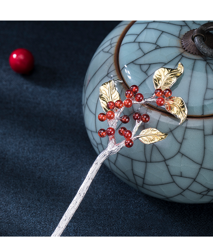 相思红豆925银石榴石花朵发簪古风汉服旗袍盘发簪子情人节礼物 红豆