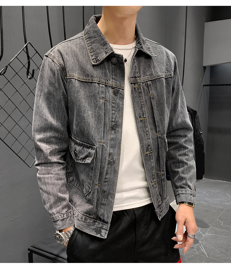 杰夫尼奥轻奢品牌 薄款牛仔外套男春秋2020新款黑色牛仔衣韩版潮流