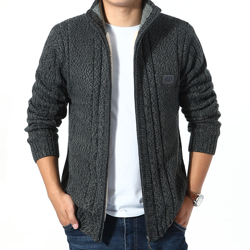 jeep吉普冬季加绒加厚男士拉链针织开衫毛衣外套立领宽松保暖上衣男装