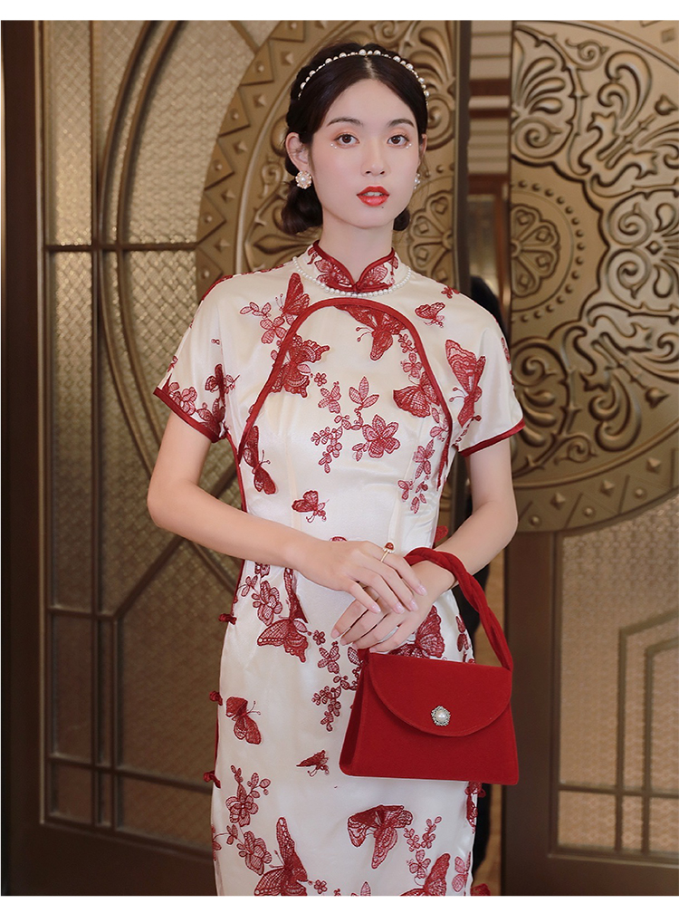 礼槿爷江南蝶新款杏色刺绣连肩元宝襟长旗袍年轻款少女杏色xs