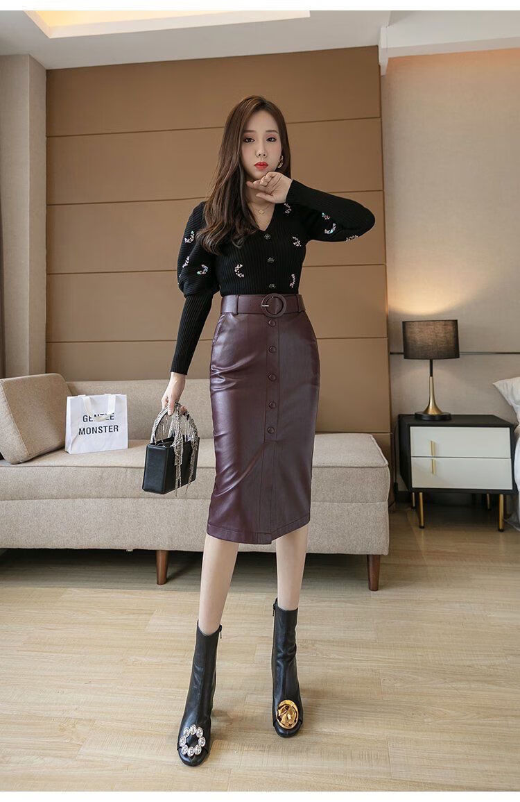 意枕上绵羊皮真皮皮裙女高腰真皮中长裙子女高腰显瘦时尚包臀裙 8019