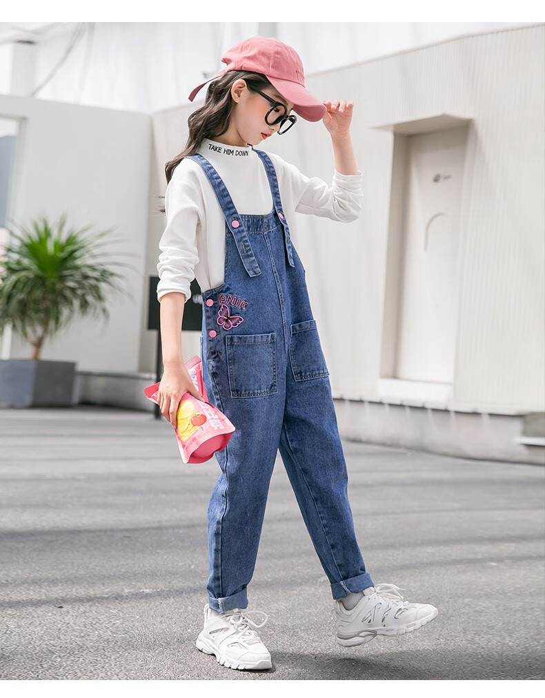 lolado童装春秋季女大童韩版牛仔背带裤8-9-12小女孩学院风休闲牛仔裤