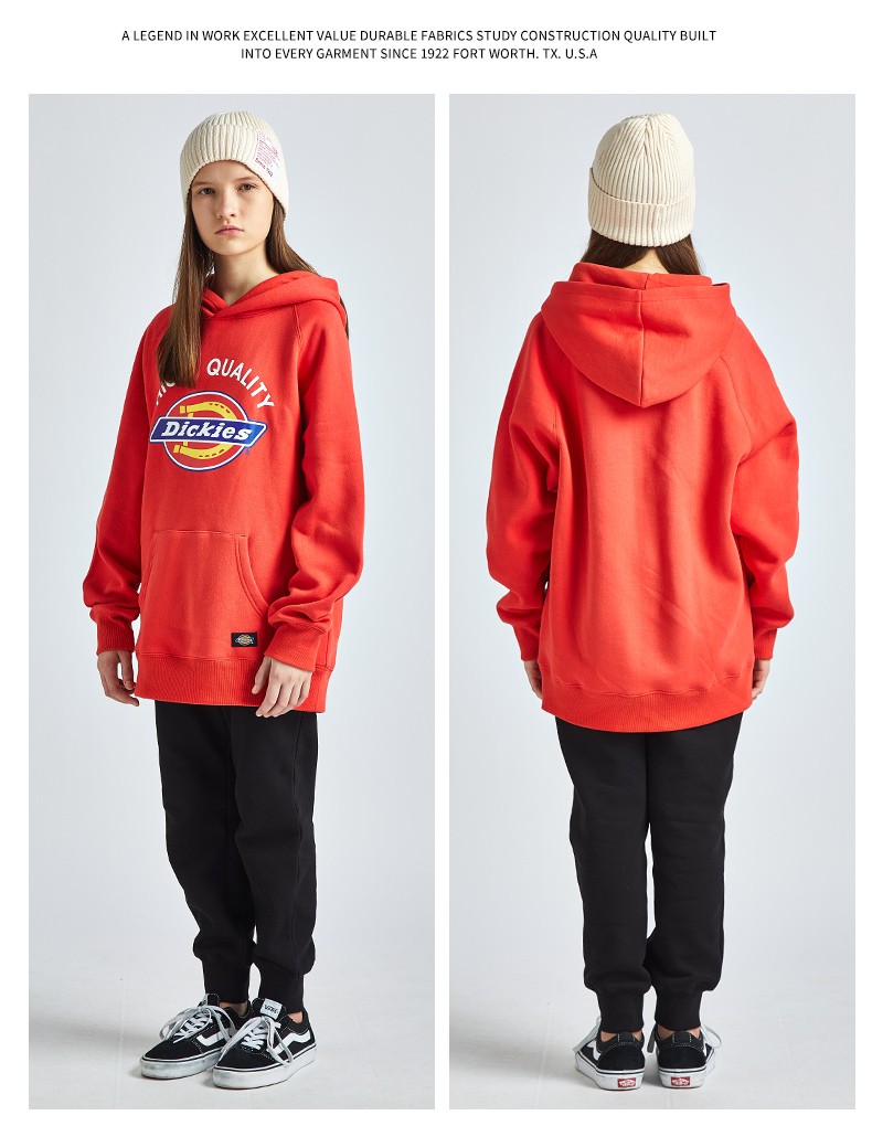 dickies童装冬新款潮logo印花宽松连帽卫衣加厚保暖抓绒套头衫浆果红
