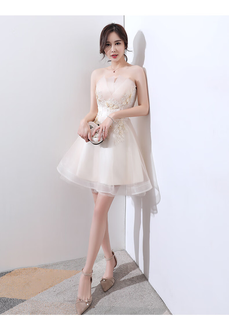 150cm小个子生日毕业聚会年会晚宴轻奢小礼服女2020新款春夏短款香槟