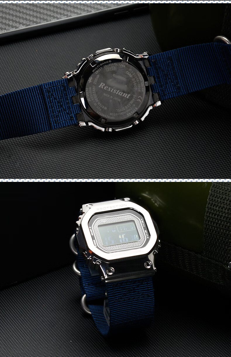 米斯顿 代用卡西欧g-shock 3459 gmw-b5000改装尼龙表带小金/银方块