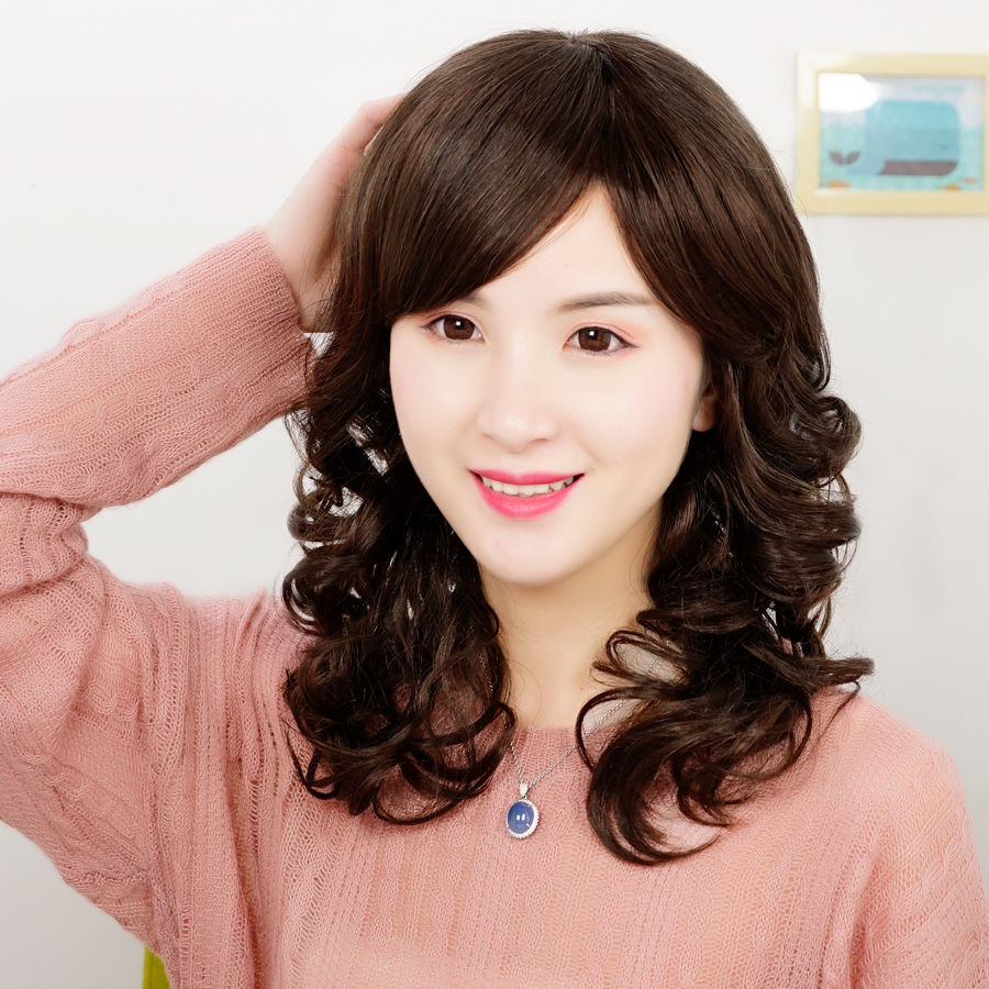 假发女长发长卷发斜刘海逼真自然全头套式中年妈妈卷发头套 哑光高温