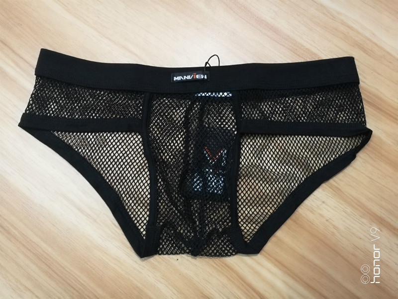 男士蕾丝内裤夏季网孔男内裤网纱透短裤镂空透明透气性感男三角裤潮w