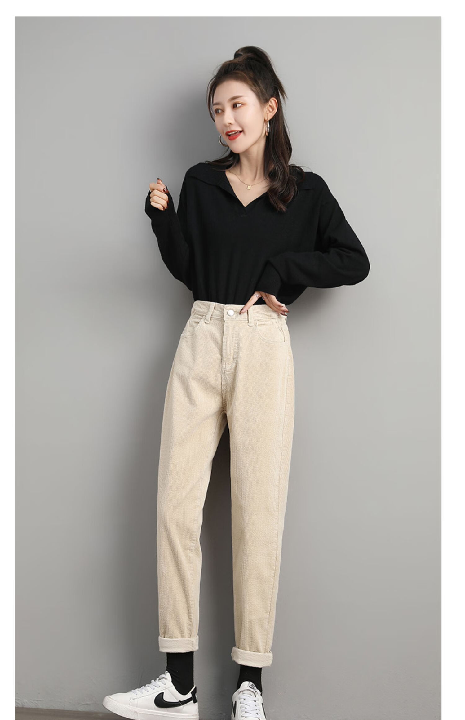 灯芯绒裤子女秋冬加绒新款直筒高腰宽松高个子加长萝卜老爹条绒裤