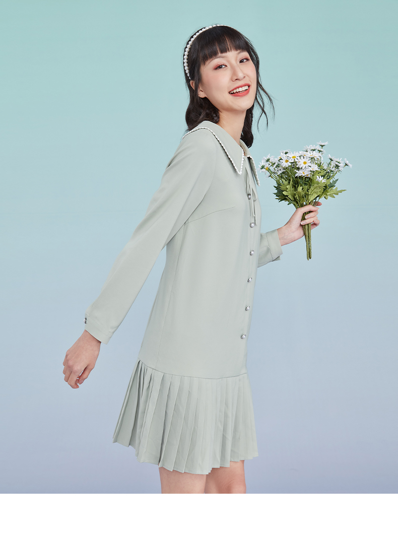 热风2021年春季新款女士娃娃领系带连衣裙f19w1506 07绿色 s