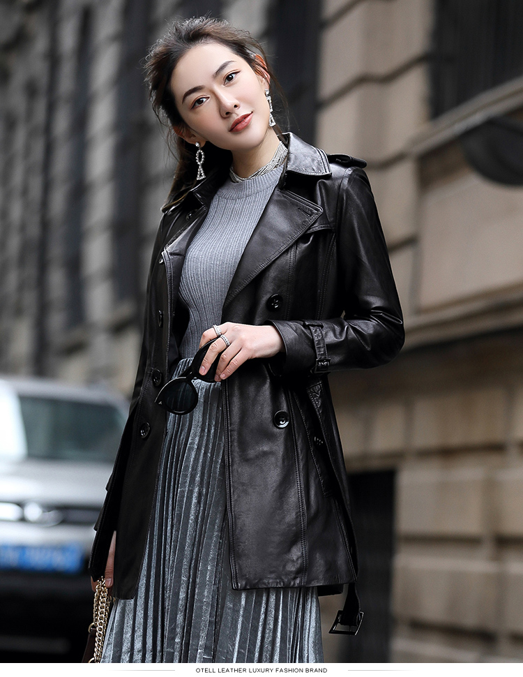 水昱儿新品大码新款春秋真皮皮衣女中长款 绵羊皮修身皮夹克风衣加厚