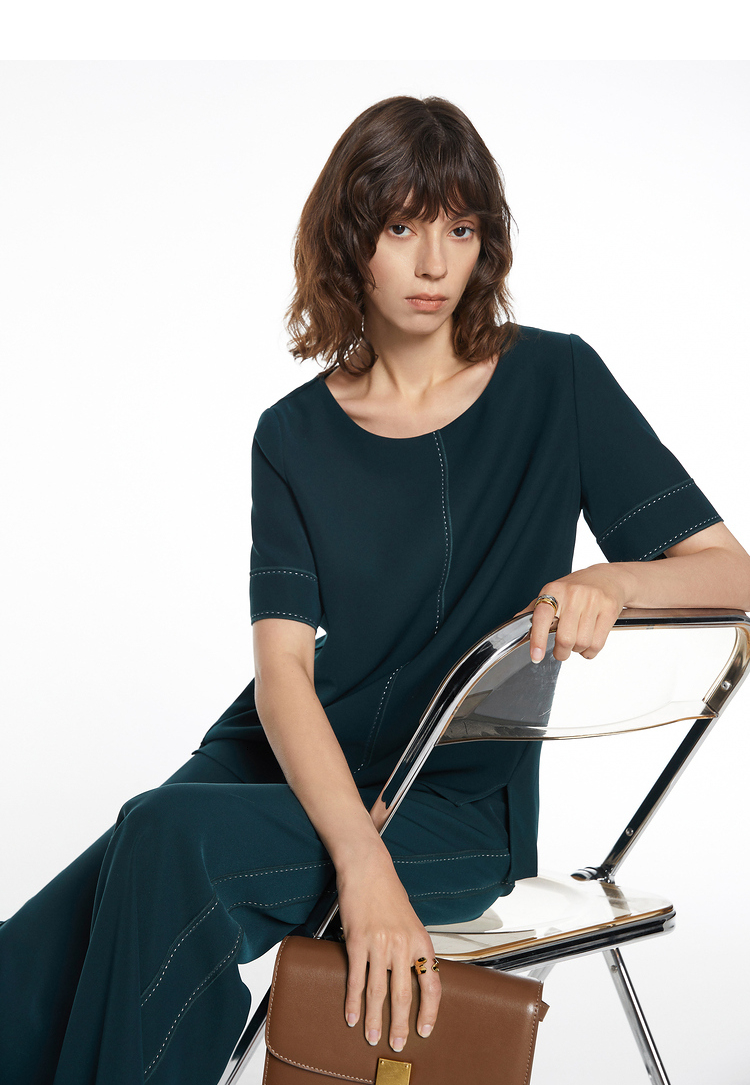 恩裳蔻2021夏季新款时尚简约商务通勤ol垂坠感短袖雪纺衫上衣女藏蓝