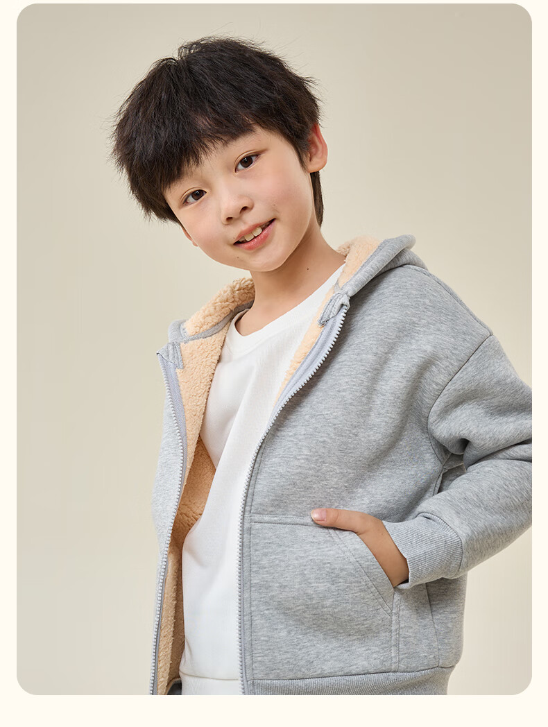 JEANSWEST Boys' Autumn Winter 2025 Fleece-Lined Hooded Sweatshirt Warm Thick Lamb Wool Cardigan for Older Kids 8